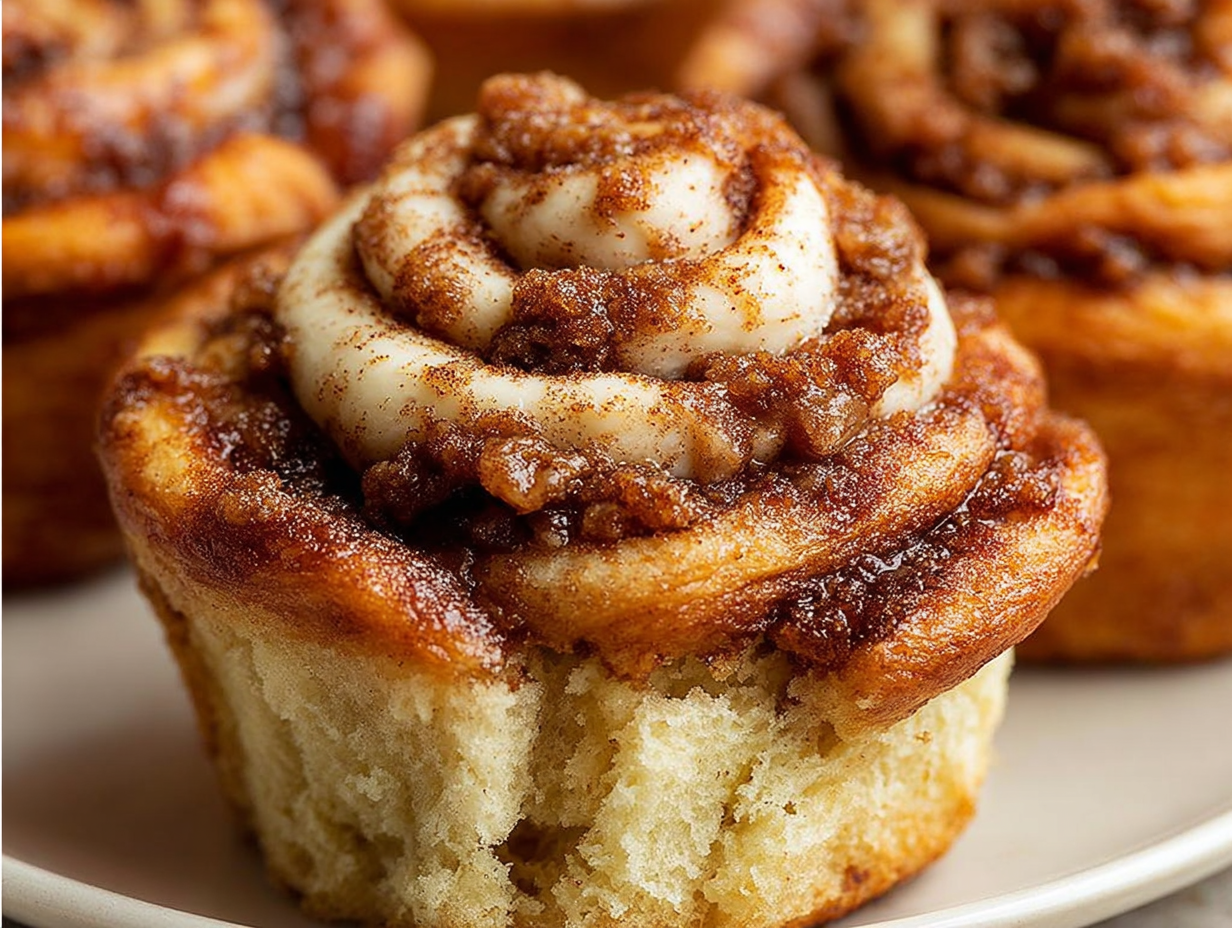 A close-up of several cinnamon roll protein muffins on a cooling rack, with one broken open to show the cinnamon swirl inside.