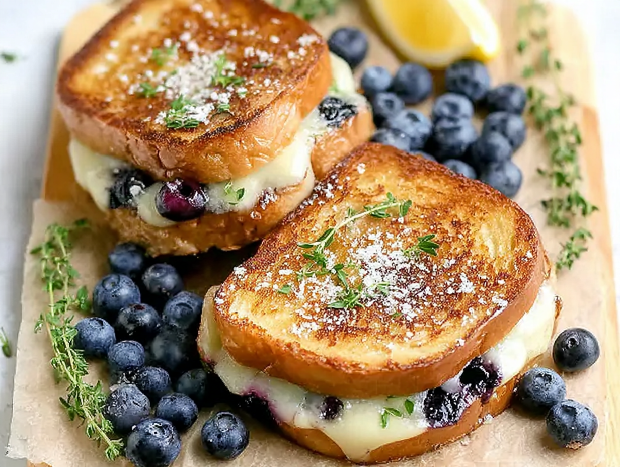A crispy blueberry grilled cheese sandwich cut in half, with melted cheese and blueberry compote oozing out.