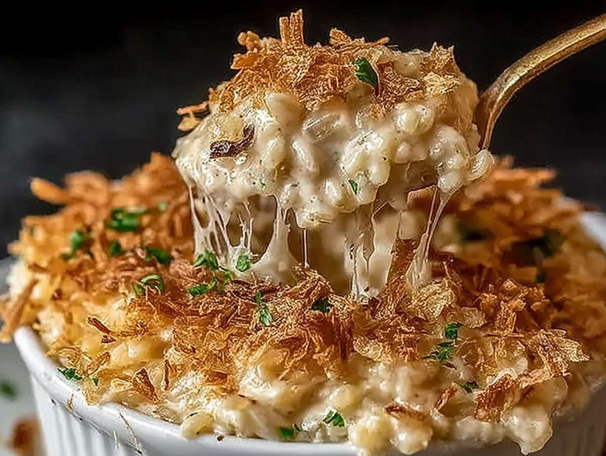 A casserole dish of French Onion Chicken Rice Bake, with a golden-brown cheesy topping and crispy fried onions.
