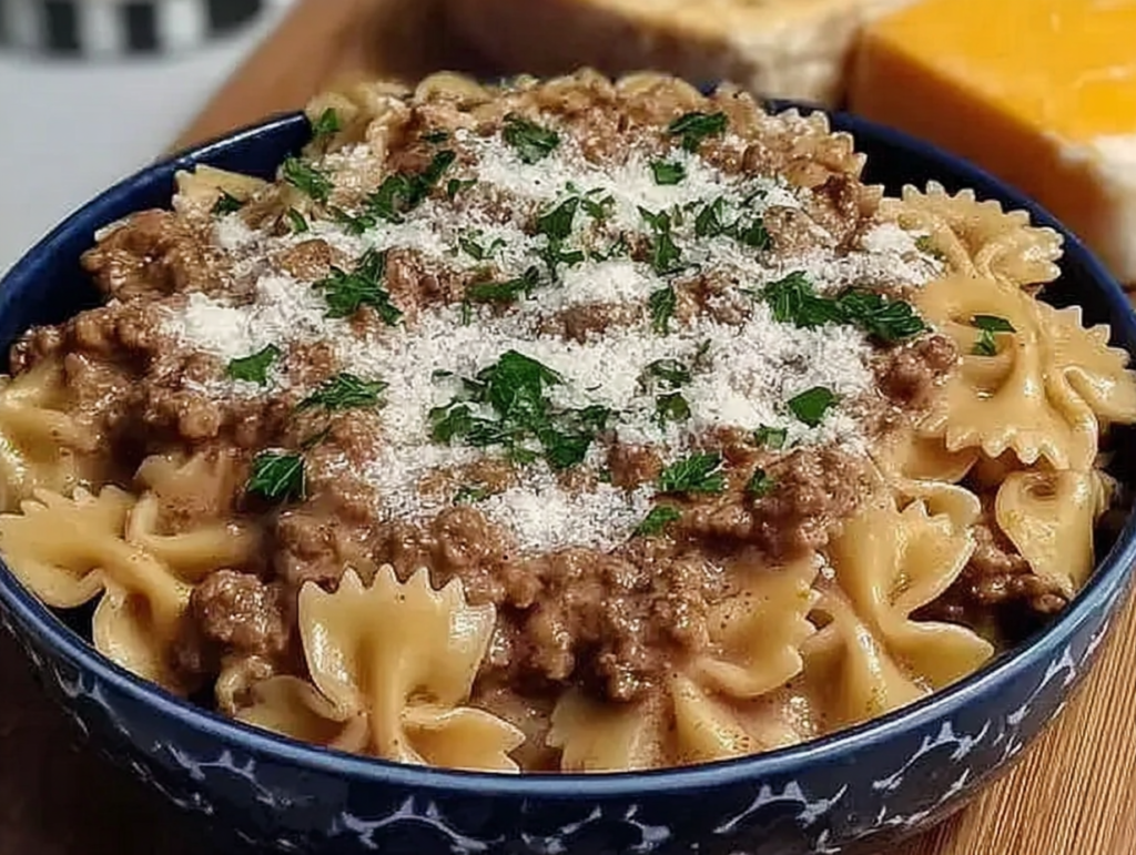 Garlic Parmesan Bowtie Pasta with Creamy Beef recipe