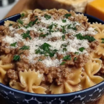 Garlic Parmesan Bowtie Pasta with Creamy Beef recipe