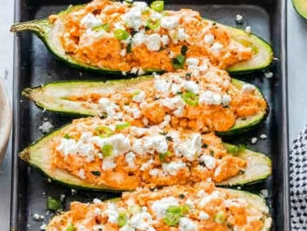 High Protein Buffalo Chicken Stuffed Zucchini Boats