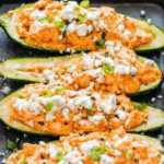 High Protein Buffalo Chicken Stuffed Zucchini Boats