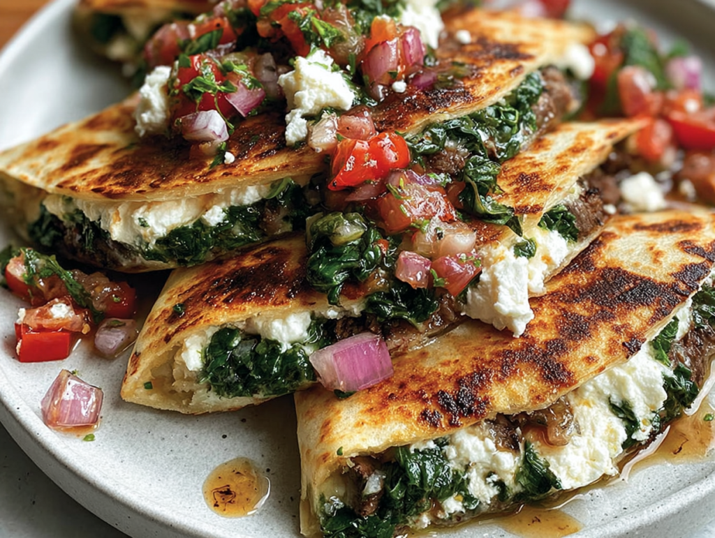 Mediterranean Quesadillas with Spinach, Feta, Mozzarella, and Red Onion