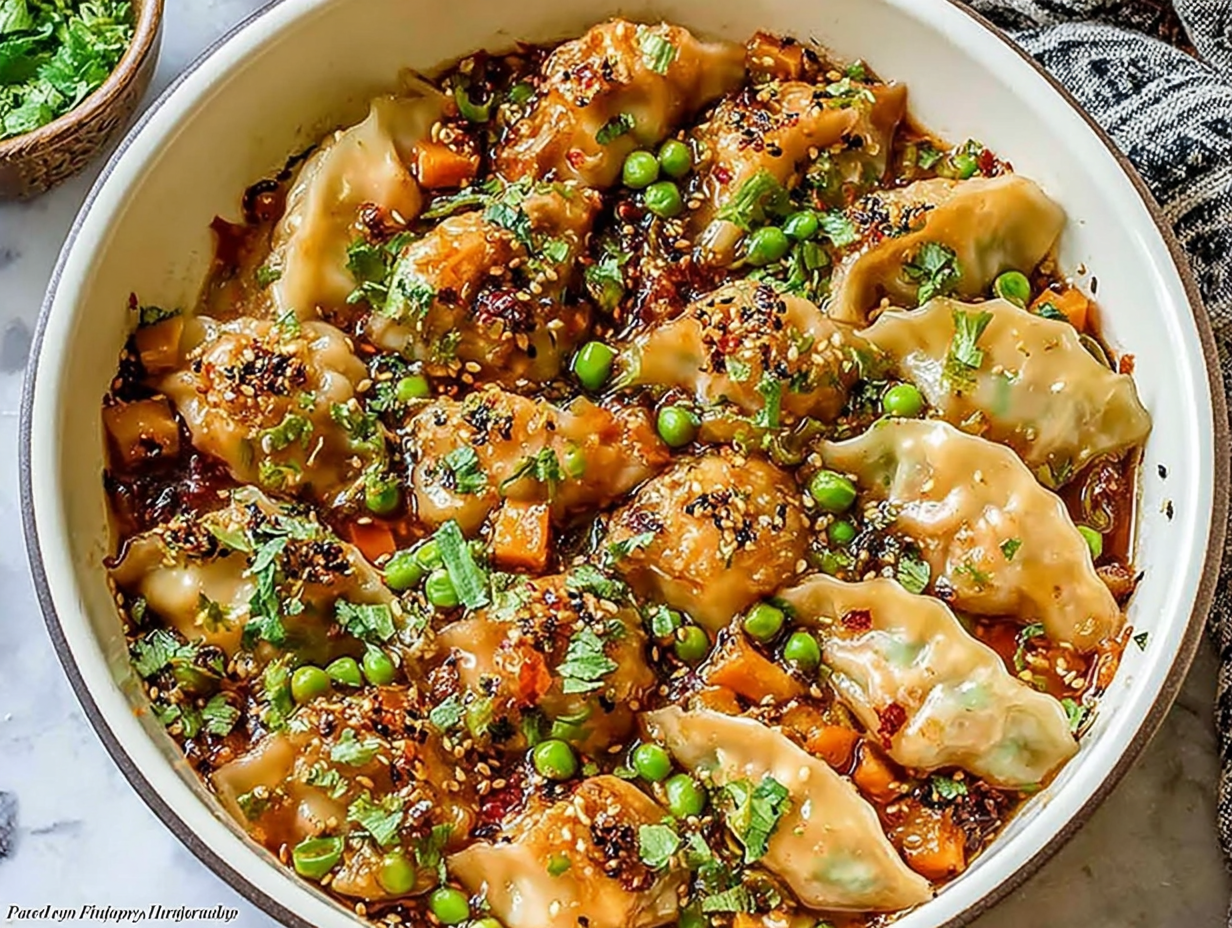 One Pan Dumpling Dinner in a pan with bok choy and cilantro