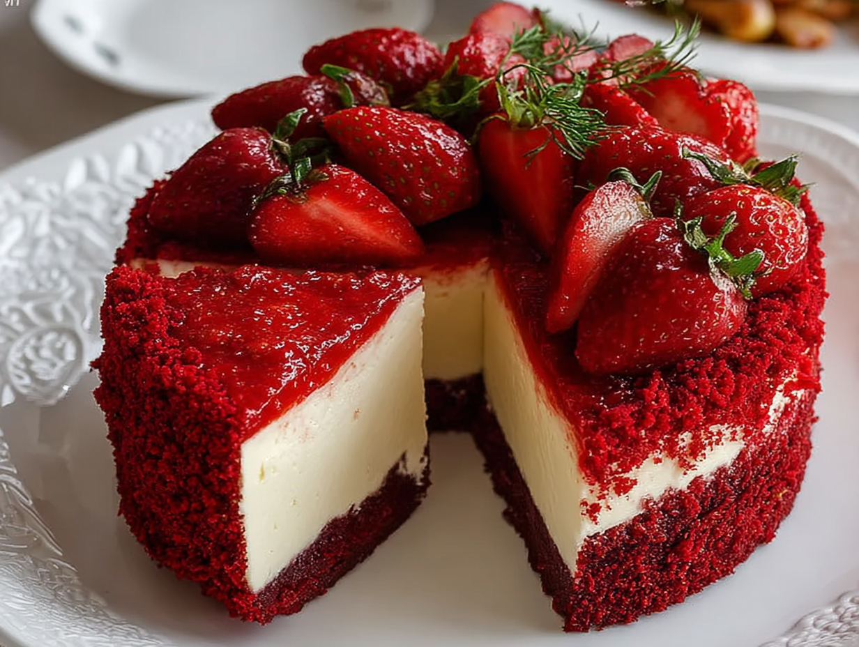 A slice of Red Velvet Strawberry Cheesecake on a white plate, showing the distinct red velvet and cheesecake layers, topped with fresh sliced strawberries.