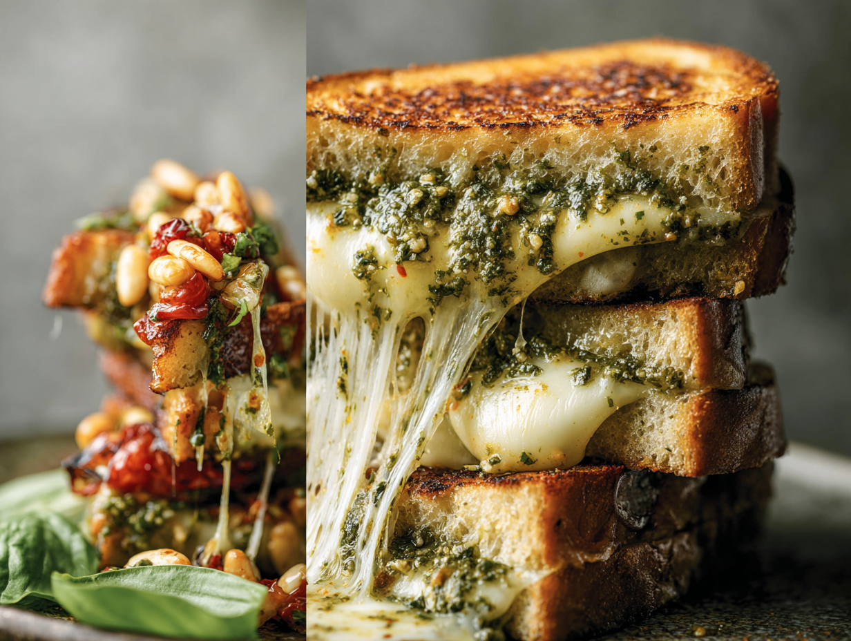 A sourdough pesto grilled cheese sandwich cut in half, showing melted mozzarella and pesto inside.