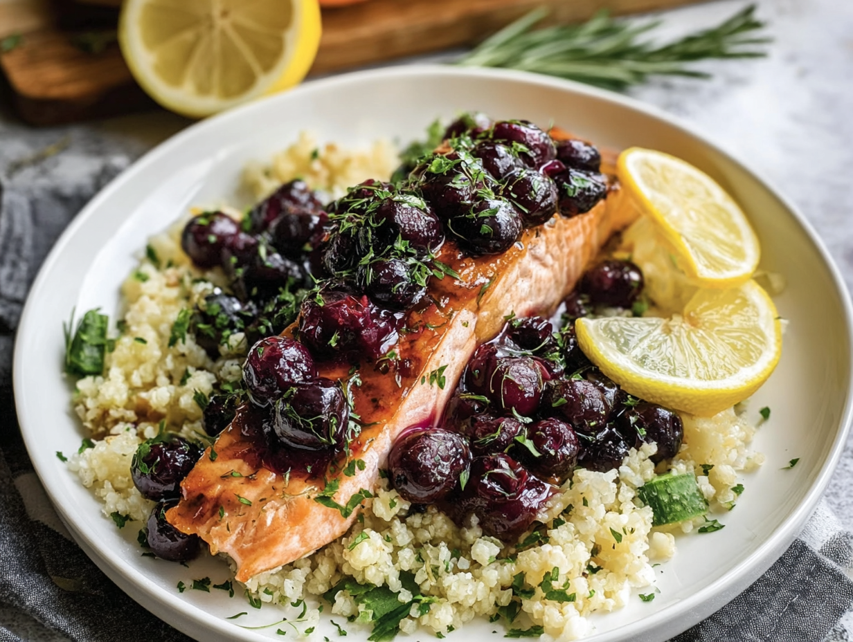 Blueberry Glazed Salmon with Lemon Herb Couscous