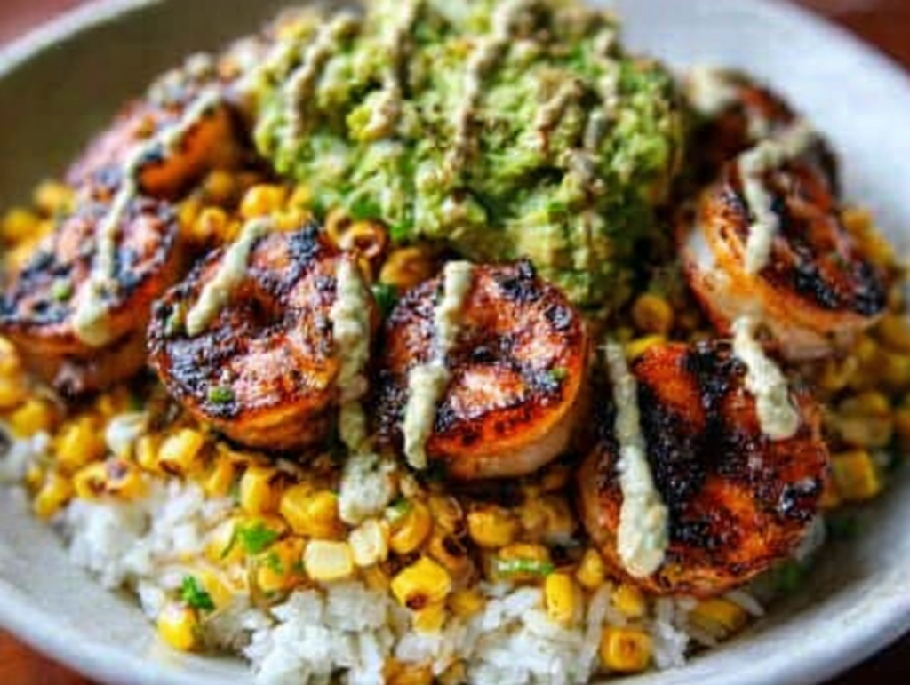 Grilled Shrimp Bowl with Avocado Corn Salsa