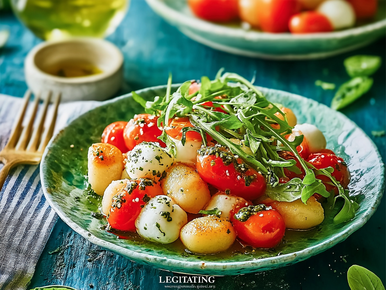 Roasted Gnocchi Salad with Basil Pesto, Tomatoes, Mozzarella, and Arugula