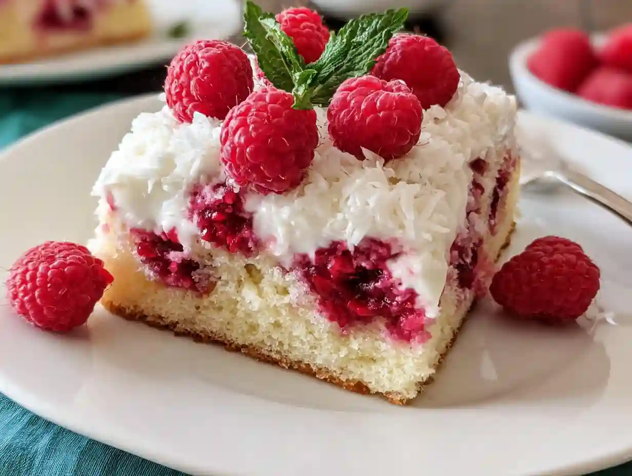 Coconut Raspberry Poke Cake